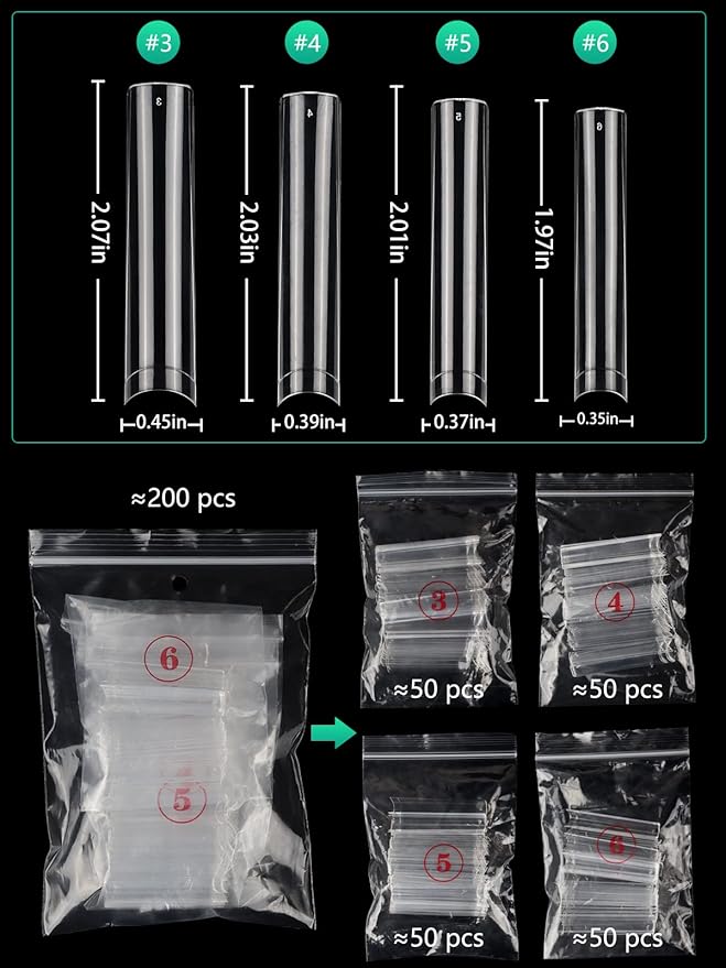 Individual Size 3 4 5 6 No C Curve Nail Tips for Acrylic Nails Professional, 200PCS 3XL Extra Long, Half Cover Straight Tapered Square Nail Tips 4 Mostly Used Sizes