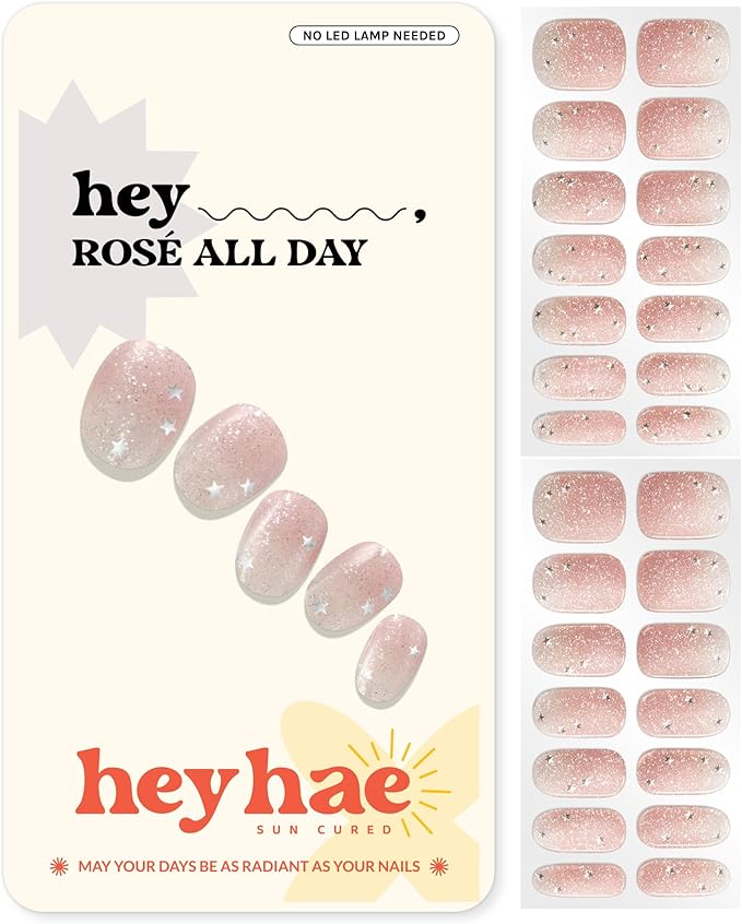 Heyhae Semi Cured Gel Nail Strips | No LED Lamp Needed | Glitter, Pink | Easy Apply & Remove, Salon Quality | Includes 28 Strips, 1 Prep Pads, Nail File & Wooden Stick - Hey, Rosé All Day