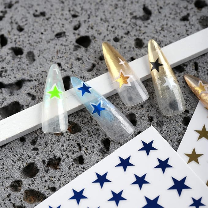 12 Colors Stars Nail Art Stickers, Laser Gold Silver Red Black White Pink Yellow Green Five-Pointed Star Nail Transfer Decals, 3D Stars Self-Adhesive Sticker Design for Women Manicure Decorations