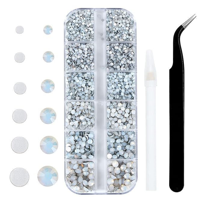 4240Pcs White Opal Flatback Rhinestones 6 Sizes Crystal Diamonds for Nail Art Crafts Clothes Shoes with Tweezers and Picking Pen