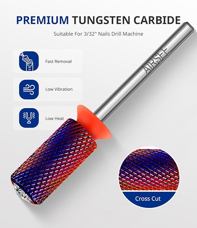 AIRSEE Tungsten Carbide Acrylic Nail Drill Bit Super Cut Bit Efile Electric File Machine Head Tip for Manicure Polishing Art Remove Gel Professional 3/32" Beginner Safety Crystal Top Barrel Fine