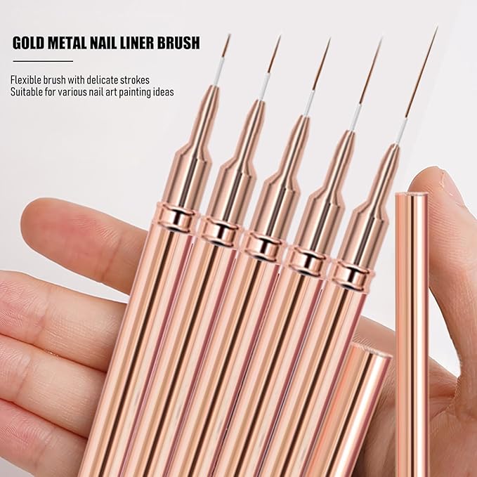 WOKOTO 5 Pcs Gold Nail Art Liner Brushes Painting Nail Art Brush Set Nail Dotting Drawing Tool For Long Lines Thin Details Fine Drawing Sizes 5/8/12/15/20mm Liner Brushes With Metal Penholder