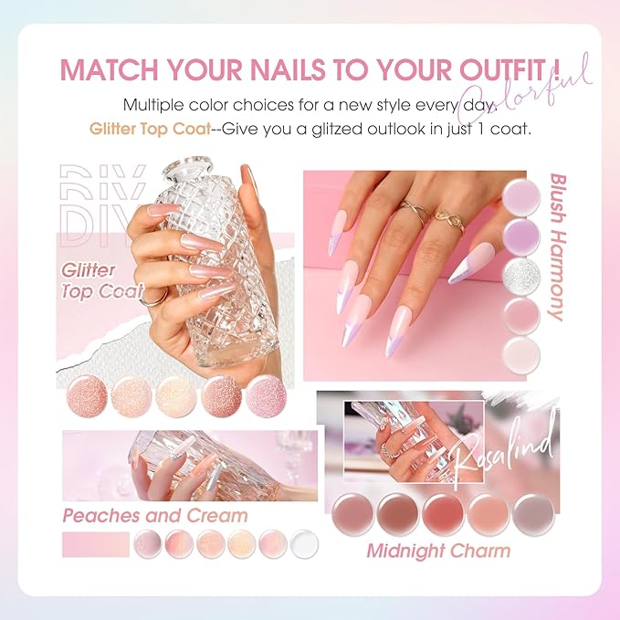 ROSALIND 24pcs Jelly Gel Polish Set with Gel Base and Matte Glossy Glitter Top Coat, 20 Colors Neutral Jelly Pink nude Sheer White Color Soak Off UV Gel Set Salon DIY