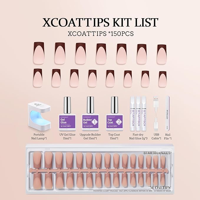 BTArtboxnails XCOATTIPS Nails Press Ons - Skin Tones Press on Nails Square, Long Soft Gel Nail Tips with Nail Gel, French Protecting Duo, Nail Lamp, All in One Fake Nail Extension Kit