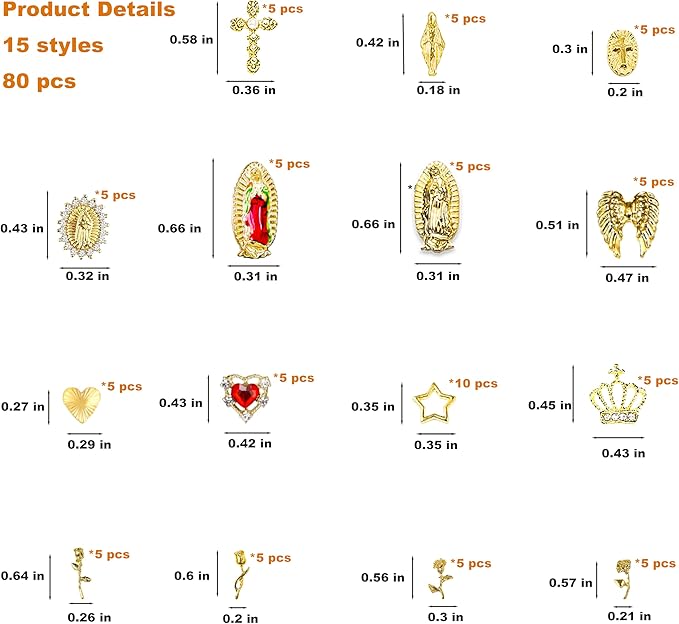 80Pcs Gold Virgin Mary Nail Charms Set with Crowns, Crosses, Hearts, Angel Wings, Stars,four types of Roses, for Women Girls Nail Decorations DIY Craft