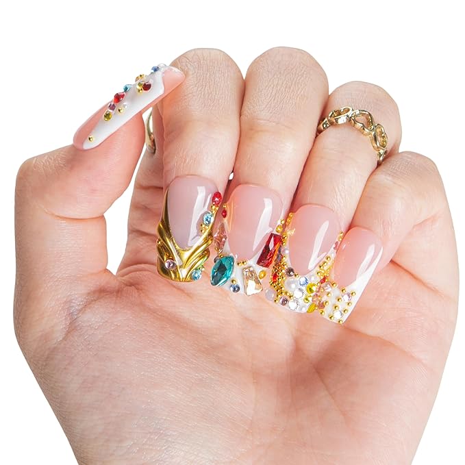 LOVFUL Short French Tip Press on Nails Jewel Feast | Handmade Acrylic Press ons | Reusable Fake False Nails | Square Regular 1.0in | H694-L