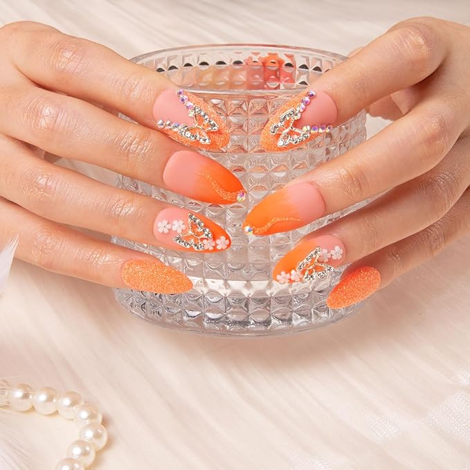 LOVFUL Press on Nails Citrus Bloom | Handmade with Full Covered Crystals | Reusable Fake Nails | Almond Regular 1.0 in | H209-M