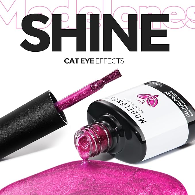 modelones Cat Eye Gel Nail Polish Pink Glitter Holographic Hot Pink Cat Eye Neon Shimmer Reflective Translucent U v Gel Magnetic Nail Polish Top Coat for Women Valentin 15ML
