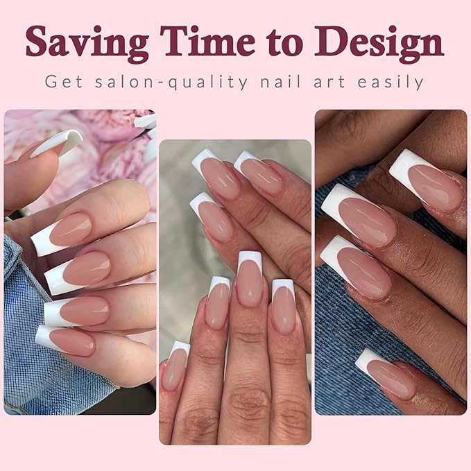 120PC White French Tip Press on Nails Medium Fake Nails Press ons with 5*Adhesive Tabs, Brown Square Acrylic Nail Press on Nail French Tip Nails False Artificial Fingernails Stick on Nails-L