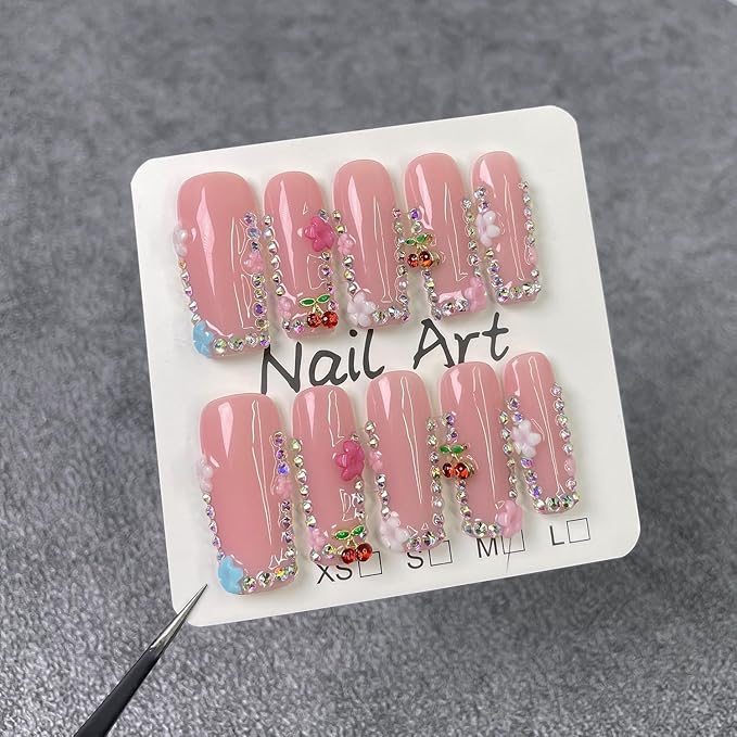 Handmade Press on Nails Long Square Fake Nails with 3D Luxury Cherry & Rhinestones Designs Flower False Nails Sparkly Acrylic Nail for Women 10pcs (S）