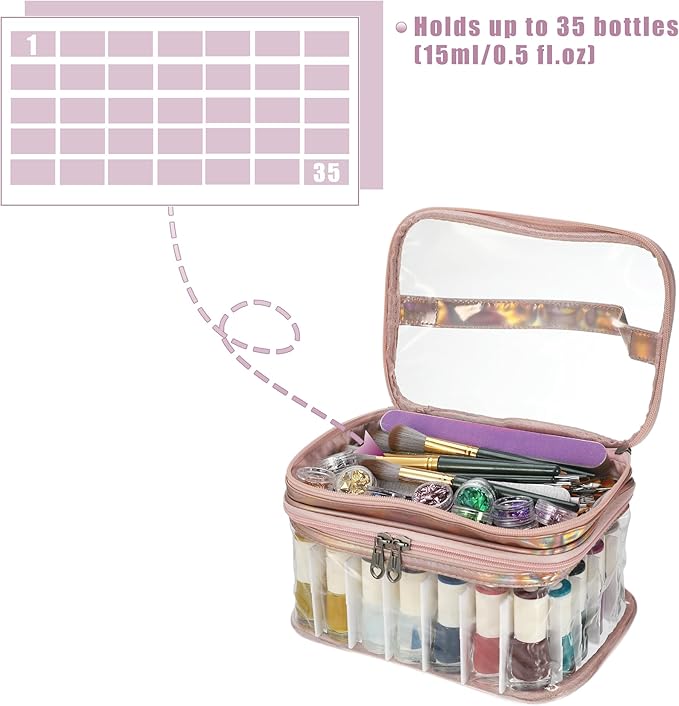 VOCOSTE Nail Bag - Pink Carrying Case for 35 Bottles, Art Organizer & Travel Storage