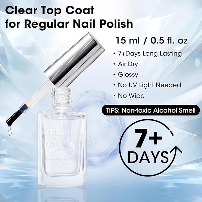 GELLEN Clear Nail Polish Top Coat, Shine Glossy Regular Nail Polish, Calcium Formula Strengthens Nails, Quick Air Dry, No Wipe, Long Lasting, Chip Resistant, Not UV Gel, Hema Free, Non-toxic, 15ml