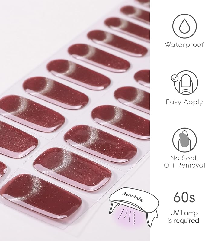 Semi Cured Gel Nail Strips - UV Light Gel Nail Stickers - 20 Long Lasting Salon Quality Wraps (Lunar Beam Red)