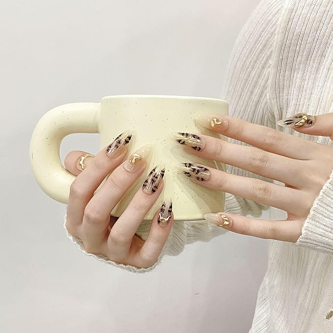 Handmade Nails Press on,Luxury glitter brown leopard Design Nail Art Kit,Acrylic Fake Nails Kit,Reusable False nails,Include Toolkit,10pcs,Size M，#864