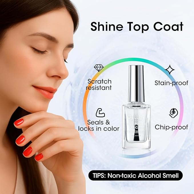 GELLEN Clear Nail Polish Top Coat, Shine Glossy Regular Nail Polish, Calcium Formula Strengthens Nails, Quick Air Dry, No Wipe, Long Lasting, Chip Resistant, Not UV Gel, Hema Free, Non-toxic, 15ml