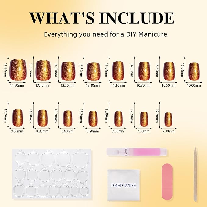 Brown Cat Eye Press On Nails - Short Square Press on Nails Press Ons for Women, Reusable Glossy Fake Nails Kit with Glue DIY Nails Short in 15 Sizes - 30pcs, Amber Mocha