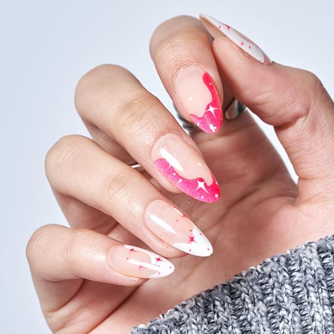 GLAMERMAID Hot Pink French Tip Press on Nails Medium Almond, Nude Jelly Gel Gothic Stiletto False Glue on Nails with Star Desgin for Women, Reusable Short Oval Stick on Acrylic Fake Nail Manicure Set