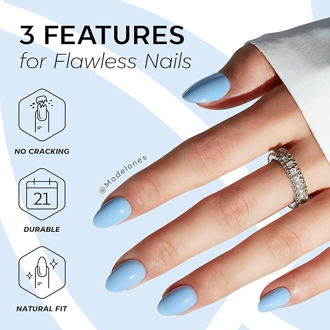 modelones Blue Short Press on Nails, Oval Fake Nails Kit Press Ons with Nail Glue, Adhesive Tabs, Nail File, Prep Pad, Manicure Stick, 32Pcs 16 Sizes, Spring Women Girl Gift