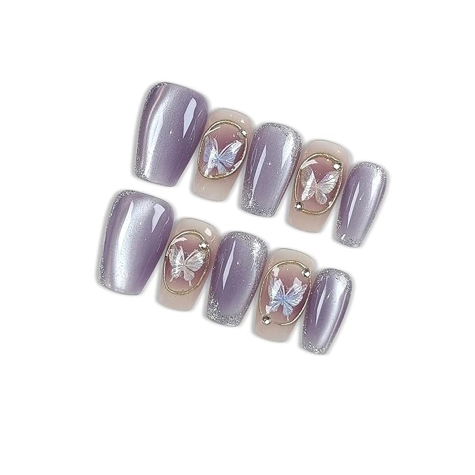 Press on Nails, Medium Coffin Fake Nails, Purple Cat Eye & Hand-Painted Silver Lines, Butterfly Accents & Icy Lavender Glow, Gel Nails Sweet Style for Women Daily Wear & Party Events(Size L)