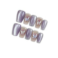 Press on Nails, Medium Coffin Fake Nails, Purple Cat Eye & Hand-Painted Silver Lines, Butterfly Accents & Icy Lavender Glow, Gel Nails Sweet Style for Women Daily Wear & Party Events(Size M)
