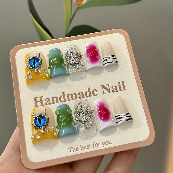 Handmade Press on Nails Luxury Rhinestone Design Medium Duck Fake Nails Eyes Charms False Nails with Glue,Muti-Layer Gel Thick Press ons Nail Reusable Acrylic Nails for Women(Size S)