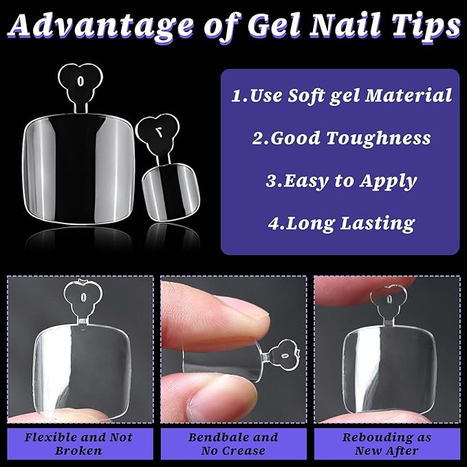 240pc Fake Toenails Full Cover Cover Gel Toe Nail Tips Clear Press on Toenail, Short Square Fake Toes Nails Tips Clear Gel Toenails Extrension False Toe Nail Feet Artificial Toenail Tip