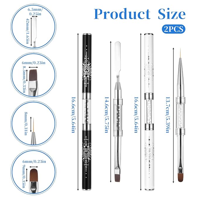 2 Pcs Double Ended Nail Builder Gel Brush, French Tip Brush Hard Gel for Nails, Brush Liner Brush Nails Hard Gel for Design Nails Professional Nail Art(Black and White)