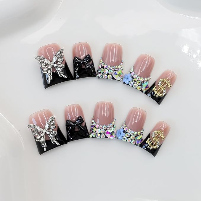 10Pcs Handmade French Tip Press on nails Short Duck Fake Nails with 3D Butterfly Bow Rhinestone Design Duck False Nails Multi-Layer Acrylic Nails Press ons Artificial Glue on Nail for Women (M)