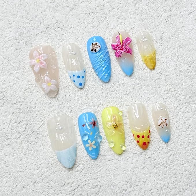 Handmade Press on Nails Medium Almond Flower Fake Nails with Glue,Muti-Layer Gel False Nails with 3D Flower Embossed Design Glitter Thick Press ons Nail Pearl Acrylic Nails for Women (Size S)