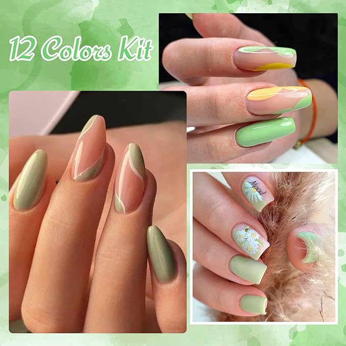 MTSSII Green Gel Nail Polish Set 12 Pcs Sage Green Forest Green Gel Polish Lime Olive Emerald Green Nail Polish Soak Off Gel Nail Kit Holiday Gift Home DIY Salon for Women