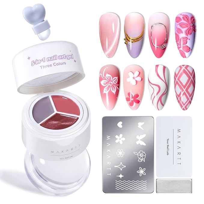 Makartt 5-in-1 Nail Art Gel: ColorPot 3 Colors Gel Nail Polish No Wipe with Nail Stamp for Stamping, Ombre Patting, Painting, French Tips & Sculpting with Silicone Head for Diy Nails at Home Salon