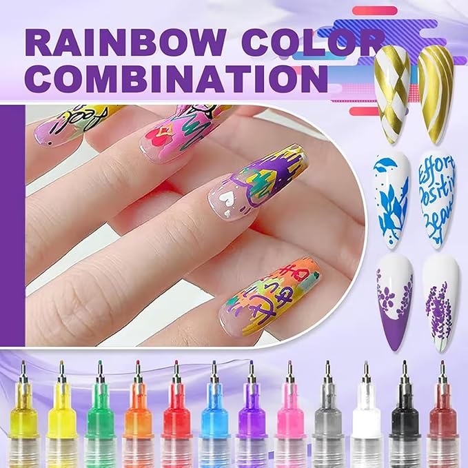 12 Colors Nail Art Pens Set，0.05mm NailPolish Pens, 3D Markers Polish Pen Sets Quickly Dotting Drawing Painting Liner Brush for Art Design DIY Manicure Supplies