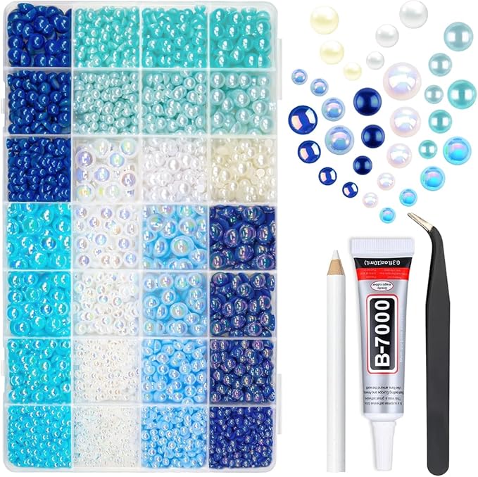 28 Types Blue Flatback Pearls w B7000 Jewelry Glue for Bedazzling Crafting 3mm 4mm 5mm 6mm 8mm 10mm Flatback Colorful AB Half Pearls Charms for Nails Face Eyes Makeup Crafts Tumblers Bottles