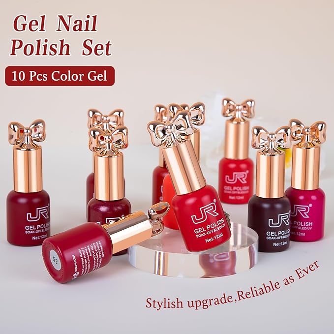 JR 12ml 10colors HEMA Free Red Gel Nail Polish Set Long Lasting Soak off UV Gel Polish Kit Nail Art DIY Manicure Salon Home Gifts for Women D Model