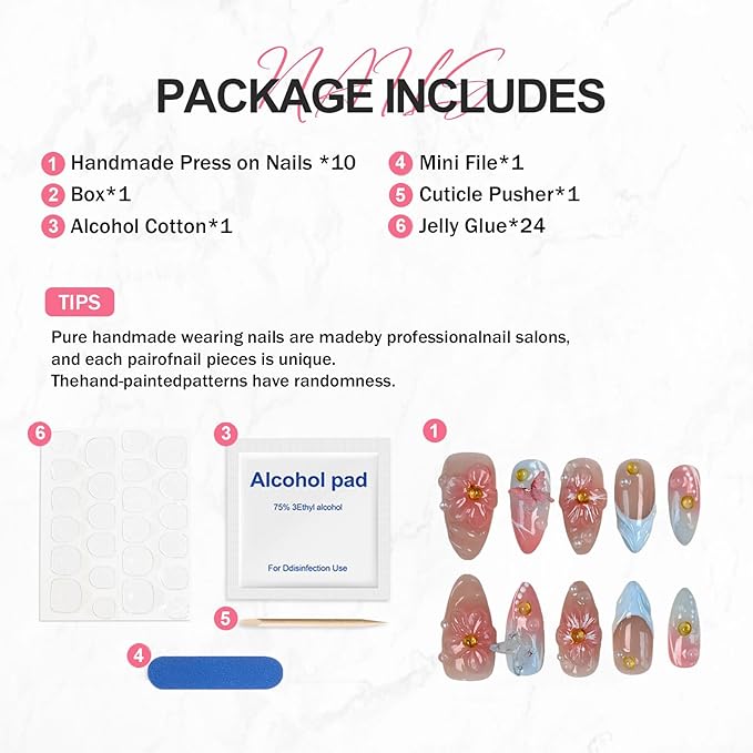 Flower Press on Nails Pink Blue Gradient Medium Almond Fake Nails with 3D Floral Butterfly Pearl Design Handmade Press on Nails French False Nail Muti-Layer Gel Acrylic Nail for Women (Size M)