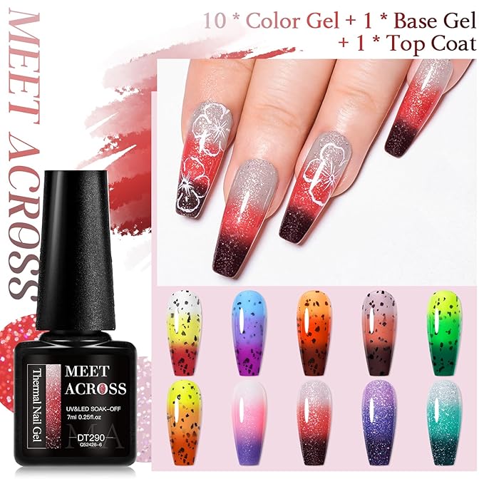 MEET ACROSS 12PCS Thermal Nail Gel Polish Kit, Color Changing Gel Nail Polish Set, Nail Art Gel Varnish Soak off UV LED Color Changed Nail Gel Nail Art Manicures