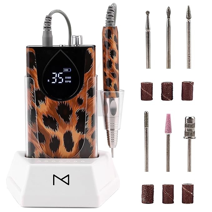 M Max - Nail Drill Professional - 2-in-1 Brushless Motor Nails Drill Machine - Electric, Cordless, Aluminium Alloy Casing, 35000 RPM, HD Display - for Salon & Home Use (Special Edition - Leopard)