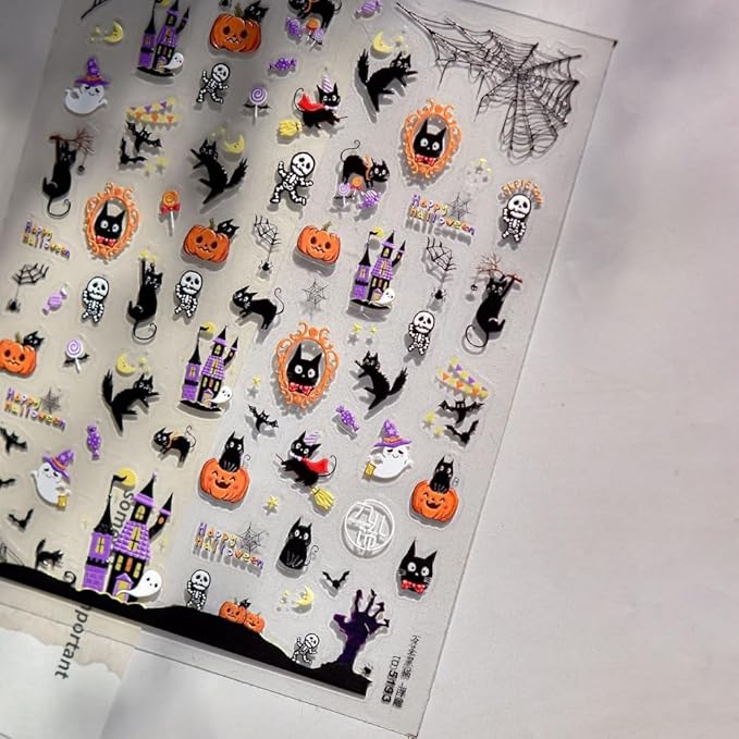Halloween Nail Stickers Haunted House Ghost Nail Designs Pumpkin Cat Nail Decals 3D Self-Adhesive 5D Embossed Skeleton Spider Web Nails Supplies for Women Holiday DIY Manicure 1 Sheet