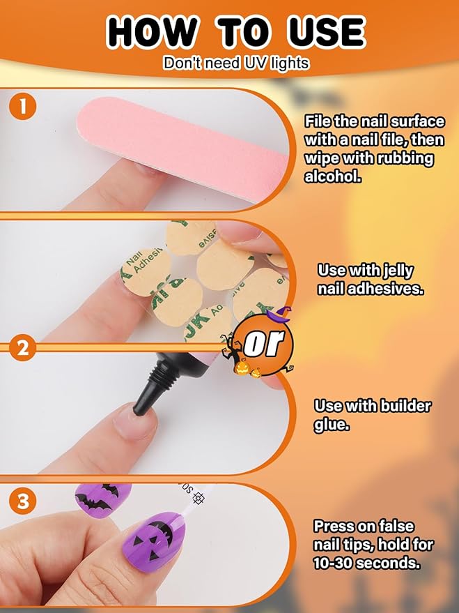 EBANKU Halloween Kid Press on Nails, 72Pcs Almond Fake Nails Kit Full Cover Bat Pumpkin Wed Design Stick on Nail with Nail Glue for Girl