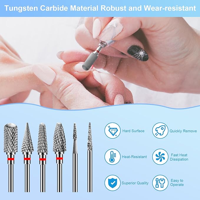 CGBE Nail Drill Bits, 6 Piece Nail Drill Bit Grinding Heads Carbide Machine Accessories for Manicure Remove Acrylic or Hard Gel Polygel, 3/32 Inch Professional Bits for Nail Cutter - Fine