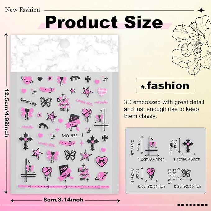 3 Sheets Rock Nail Stickers for Nail Art Adorable Cool Pink Bow Heart Cross Butterfly Evil Eye Designs 3D Embossed Self Adhesive Nail Decals for Women DIY Manicure Decoration YX1235