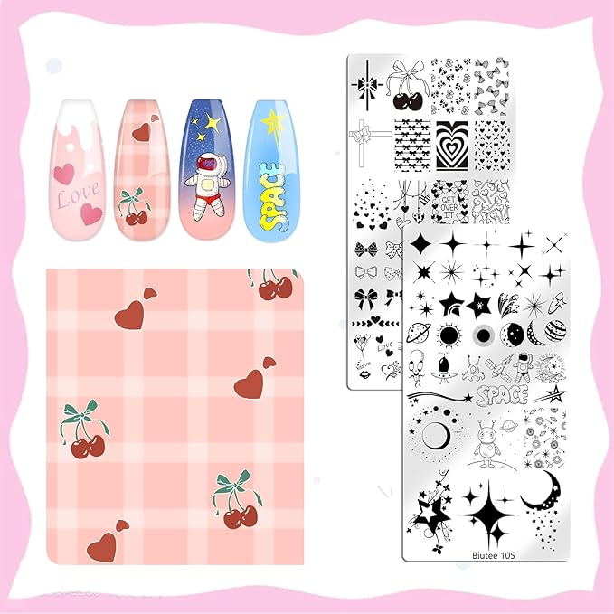 Biutee Nail Stamping Plate Set 12PCS Nail Art Stamp Plates 8PCS Stamping Nail Gel Polish, Nail Stamper and Scraper, Butterfly Leaves Bow Design Nail Stamping Kit with Storage Bag