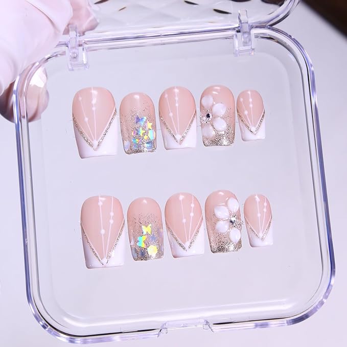 Press On Nails - Short Square Handmade Unique Fake Nails, Artistic Design, Thick Acrylic and Muti-Layer Gel False Nails S size