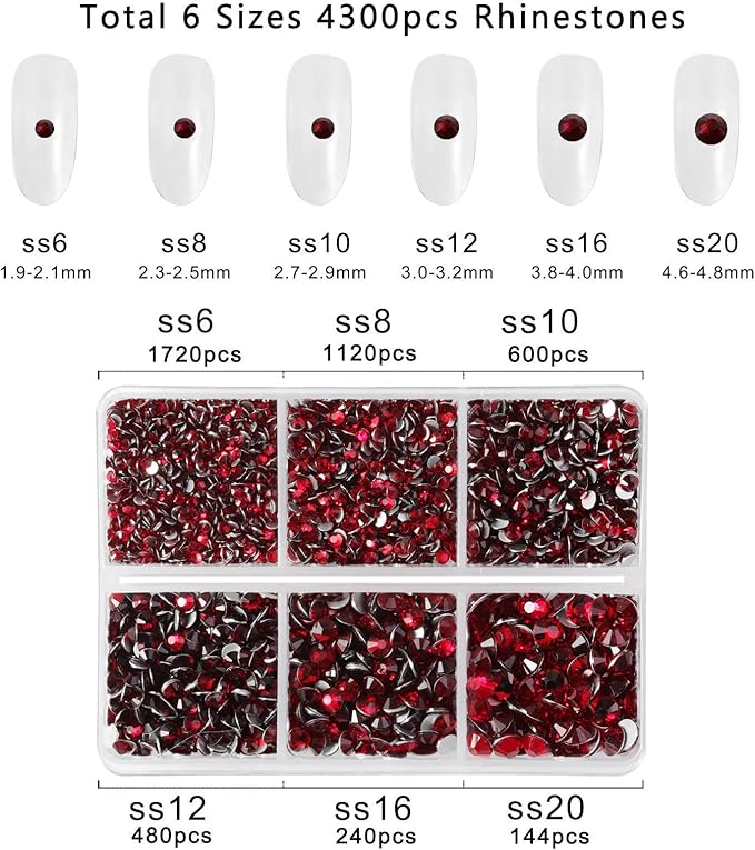 Beadsland 4300pcs Flatback Rhinestones,Dark Red Rhinestone Nail Gems Round Crystal Rhinestones for Crafts,Mixed 6 Sizes with Picking Tweezers and Wax Pencil Kit, SS6-SS20,Dark Siam