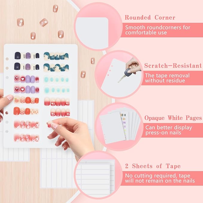 KEIFIN 6 PCS Blank Refill Sheets for Press On Nail Storage Organizer Binder A5 Plastic Insert Pages for Fake Nail Swatch Container Book Polish Color Display Holder with 60 Pcs Tape Strips (WHITE)