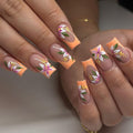Flower Press on Nails Square Medium Long Fake Nails with Orange French Tip Floral Designs Acrylic Glossy Glue on Nails Press ons Fall Stick on Nail for Women 24 Pcs