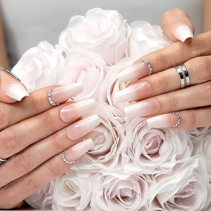 Hypnaughty 24 Pcs Rhinestone Luxury Coffin Press on Nails with Design and Glue Long Fake Nails Nude and White Ombre with Rhinestones Glossy Glue On False Nails (Rhinestone)