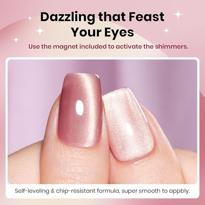 Beetles Sunlit Champagne Pink Cat Eye Gel Nail Polish - 15ML Valentine's Day Pink Cat Eye with Gold Powder Magnetic Glitter Gel Polish Glass Effect Soak Off UV DIY Nail Art Gift for Women