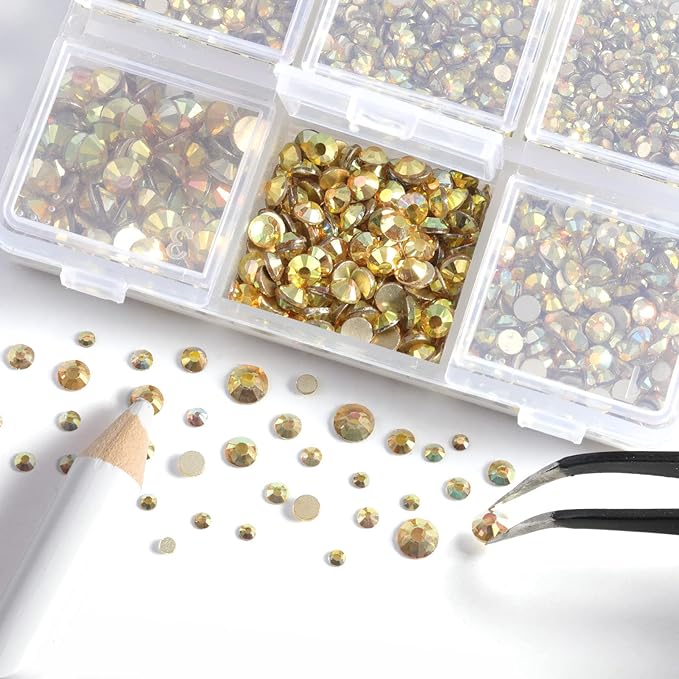 Beadsland 4300pcs Flatback Rhinestones,Gold Rhinestone Nail Gems Round Crystal Rhinestones for Crafts,Mixed 6 Sizes with Picking Tweezers and Wax Pencil Kit, SS6-SS20,Metal Sunlight