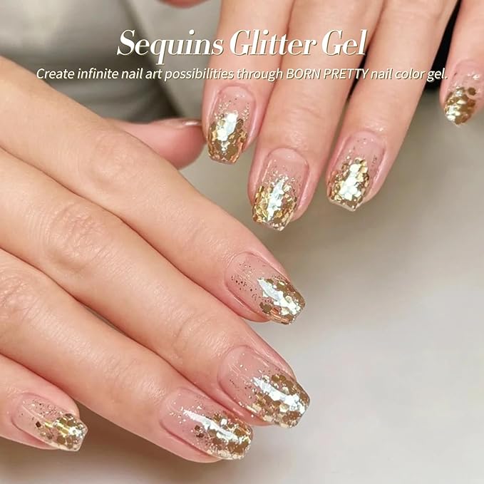 Born Pretty Glitter Gel Nail Polish with Sequins, 6 Pcs Gold Silver Purple Green Blue Hot Pink Long Lasting Sparkly Shiny U V Gel Polish Set for Manicure and Nail Art, DIY at Home, Salon-Quality 7ml
